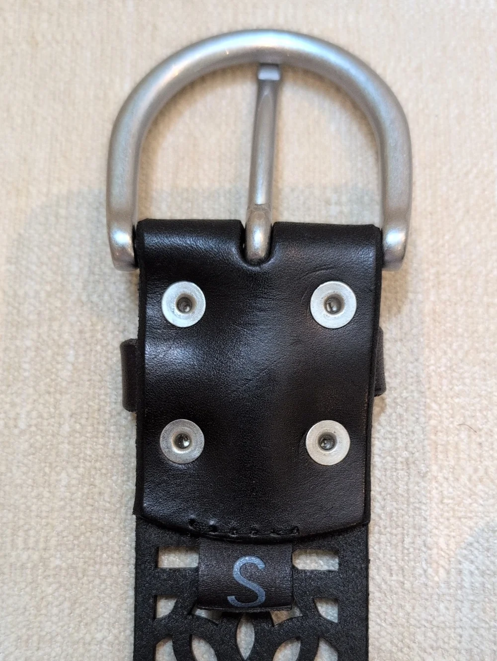 Black Laser-Cut Floral Leather Belt Silver Buckle Adjustable